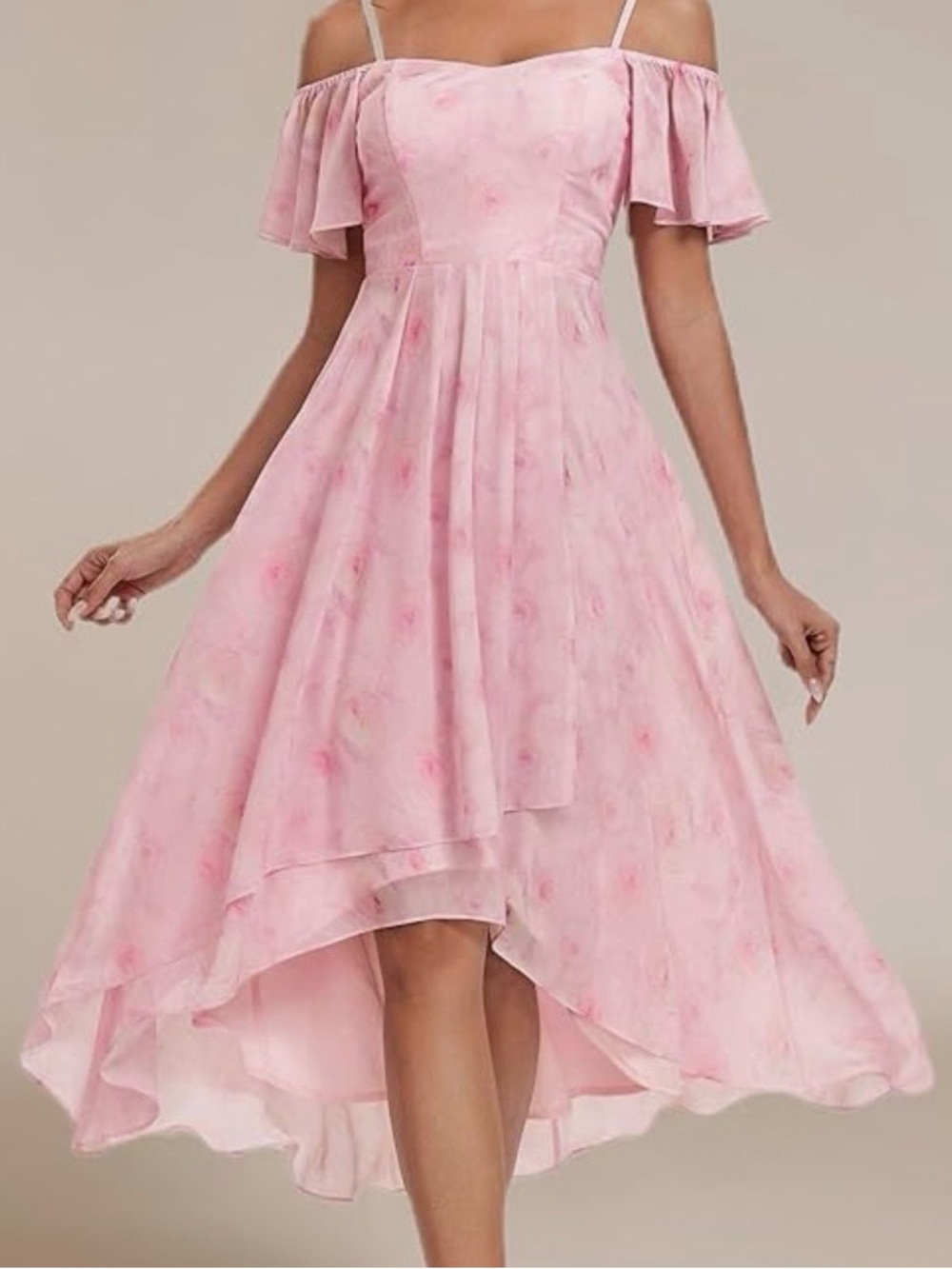 Ever Pretty A-Line Asymmetrical Hem Chiffon Flowy “Light Purple Roses” Dress